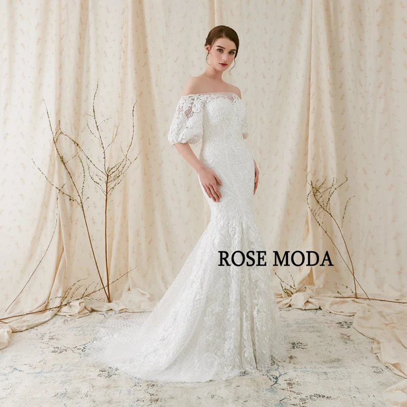 Rose Moda Luxury Pearl Beaded Lace Mermaid Wedding Dress with Short Lantern Sleeves Real Photos