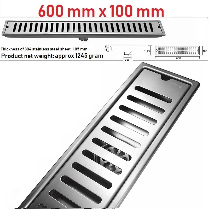 

VIBORG 600mm x 100mm Deluxe 304 Stainless Steel Extra-thick Rectangular Bathroom Shower Linear Floor Drain Drainage Stainer