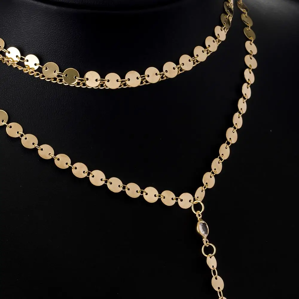 Newest fashion jewelry accessories gold color Multiple layers sheet  chain with crystal  Necklace for couple lovers'  N461 image 3
