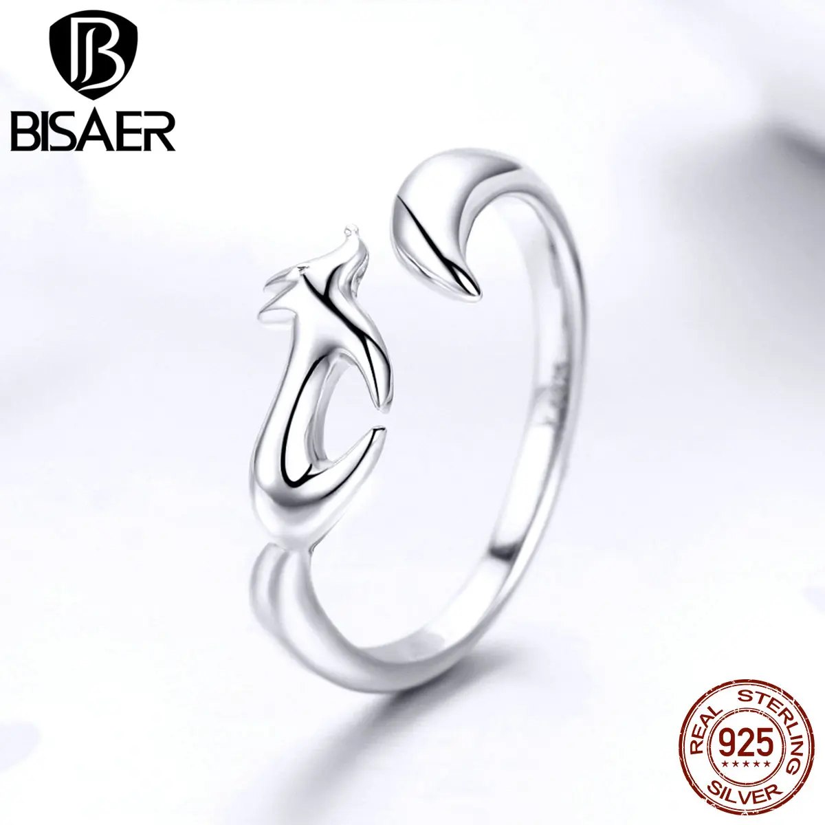 BISAER 100% 925 Sterling Silver Geometric Fox Shape Finger Ring Adjustable Animal Rings S For Women Wedding Jewelry Anel ECR478