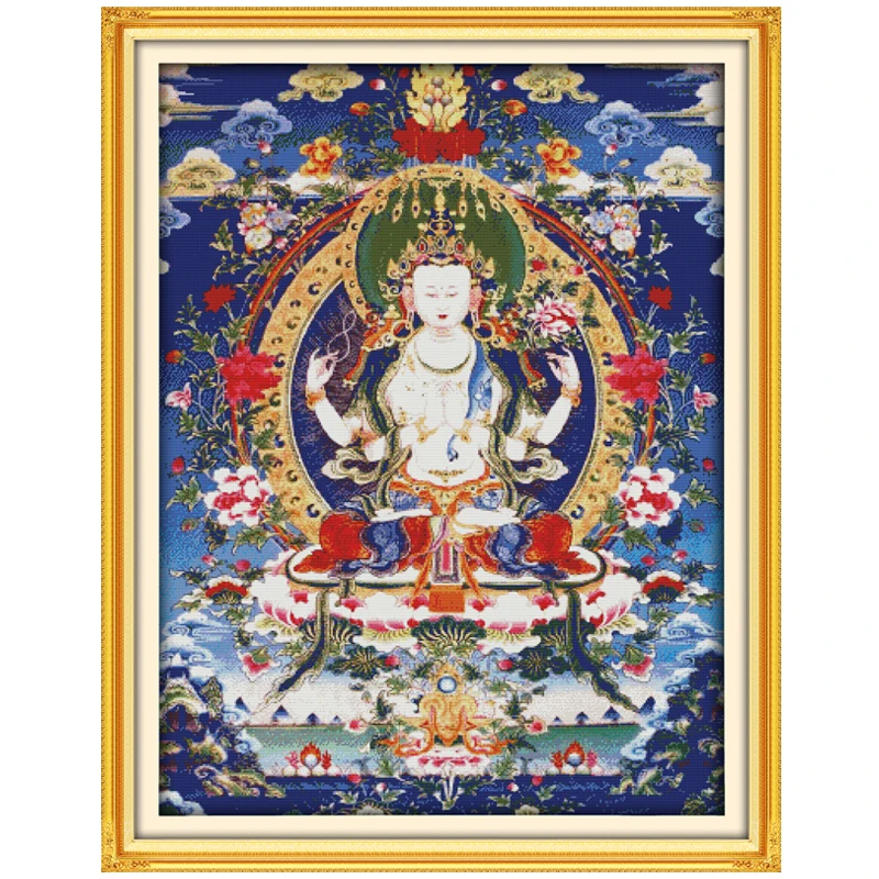 Guanyin with Four Arms Patterns Counted Cross Stitch Set DIY 11CT 14CT 16CT Stamped DMC Cross-stitch Kit Embroidery Needlework