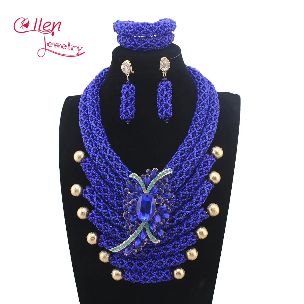 

New African beads jewelry sets Handmade Vintage Royal Blue Crystal Nigerian wedding bridal Beads Necklace Jewelry Set W14035