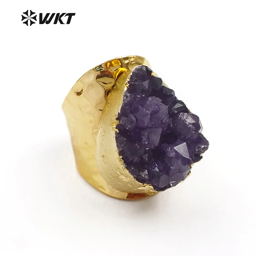 WT-R102 Wholesale Natural Druzy Amethyst Special Design Ring With Gold Plated Fashion Jewelry For Women