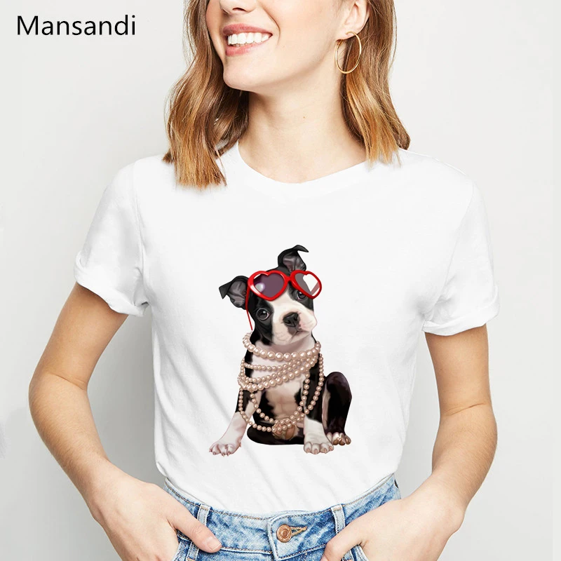 2025 Valentine Rose Maiden T-Shirt Women Summer Tops Harajuku Funny Boston Terrier Dog T Shirt Femme White Tshirt Female