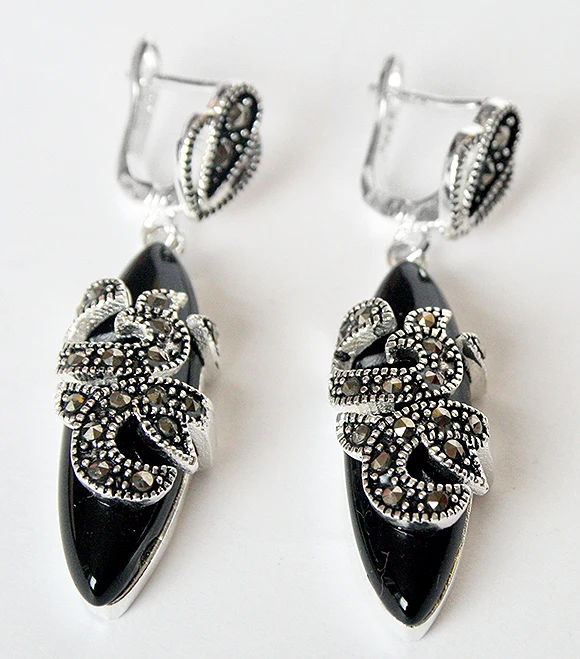 

hot sell new - 11/2" New 925 Sterling Silver & Marcasite inlay Natural Black stone fashion Earrings