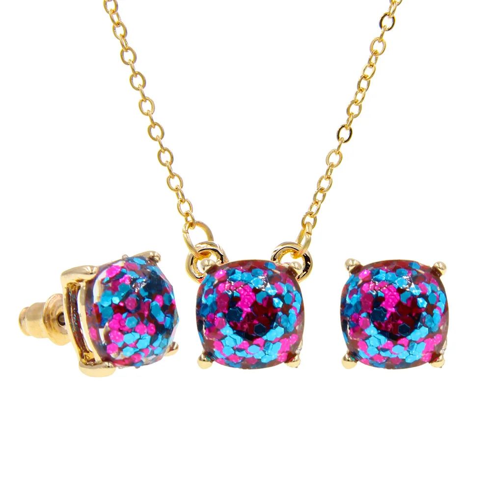 6 Set Lot Cute Mini Iridescent Druzy Drusy Pendant Necklace With Matching Stud Earring Hot Fashion Jewelry Sets