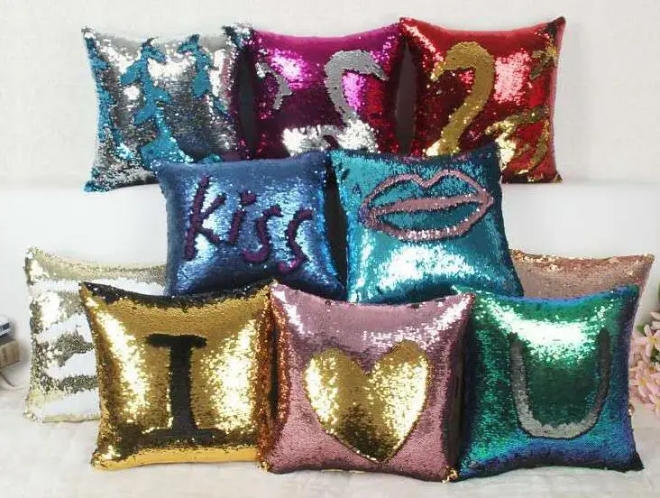 Sequin Pillow Cover Cushion Case Glitter Mermaid Fairy Tale Faux Soft Suede Throw Pillowcase Party Seat Sofa Bed Decor 40X40cm