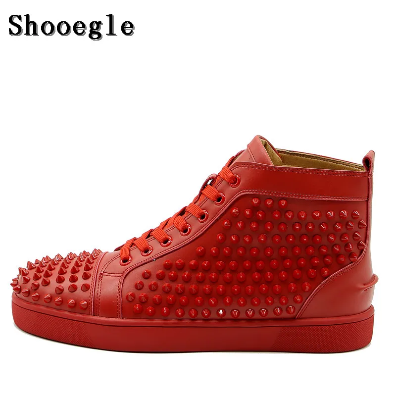 

SHOOEGLE New Chaussure Homme Men Spike Shoes Stylish Sneakers High-top Men Shoes Platform Rivets Red Blue Leather Ankle Boots