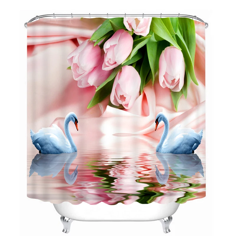 

3D Shower Curtains Pink Rose and Swan Lovers Pattern Bathroom Curtains Waterproof Washable Bath Curtain Customizable