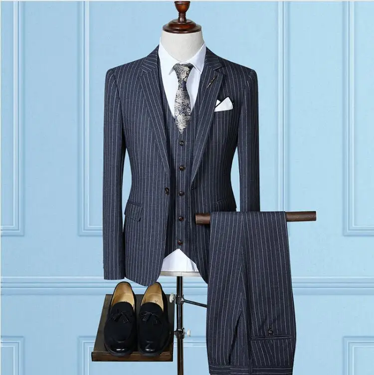 

2019 New Fashion Causal Stripe Wedding Suits For Men Business Suits Trajes De Hombre Terno Masculino Suit(Jacket+Vest+Pants)