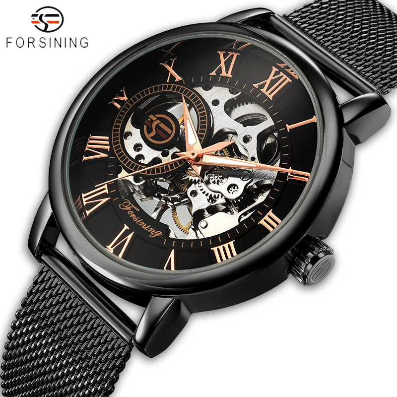 2018 FORSINING Men Watches Fashion 3D Logo Engraving Golden Watch Men's Stainless Steel Mechanical Watch Skeleton Male Clock