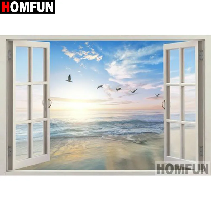 

HOMFUN Full Square/Round Drill 5D DIY Diamond Painting "Window sea view" 3D Embroidery Cross Stitch 5D Home Decor A17134