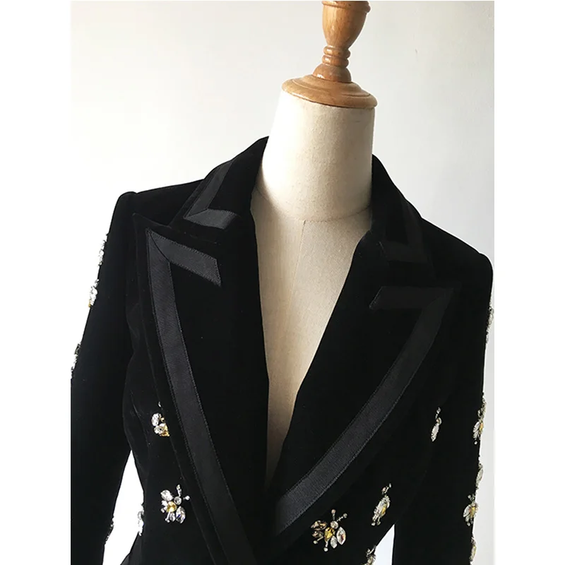 2022 Top Fashion Women\'s High Street Luxury Black Velvet Blazers Notched Animal Bee Beading Fit Blazer Coat