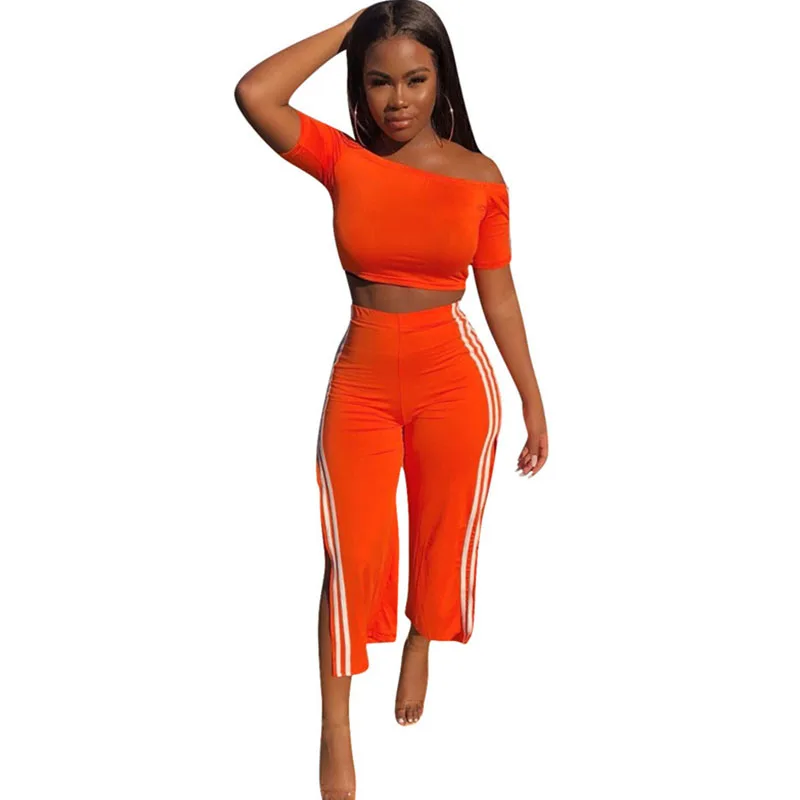 

Side Striped Sexy Two Piece Sets Women Slash Neck Off the Shoulder Crop Top + Split Ankle-length Pants Casual Sweat Suit Outfits