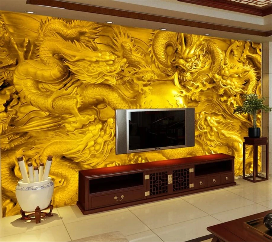 

beibehang Embossed golden dragon 3d wallpaper custom mural riches and honor peony water rocks painting photo wallpaper 3d mural