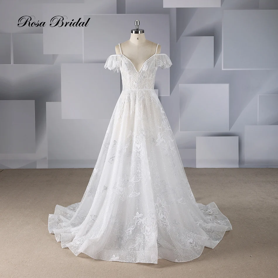 Rosabridal  Wedding Dress 2019 new design A Line deep sweetheart neckline  See Through Beading  Lace Appliques backless dress