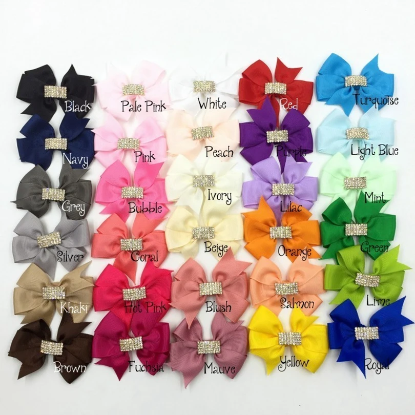 

10pcs/lot 3" 30colors Hair Clips Handmade Grosgrain Bows Rhinestone Buttons Ribbon Boutique Hair Bows For Girls Hair Accessories