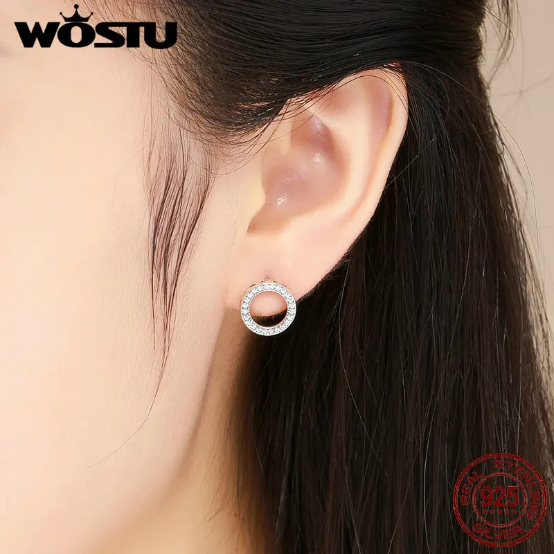 WOSTU 925 Sterling Silver Simple Design Round Circle Stud Earrings for Women Glitter CZ Wedding Engagement Silver Jewelry CQE417
