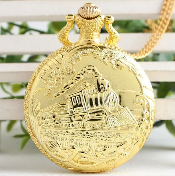 New Fashion quartz golden locomotive Modern clock Good quality steampunk Necklace pocket watches