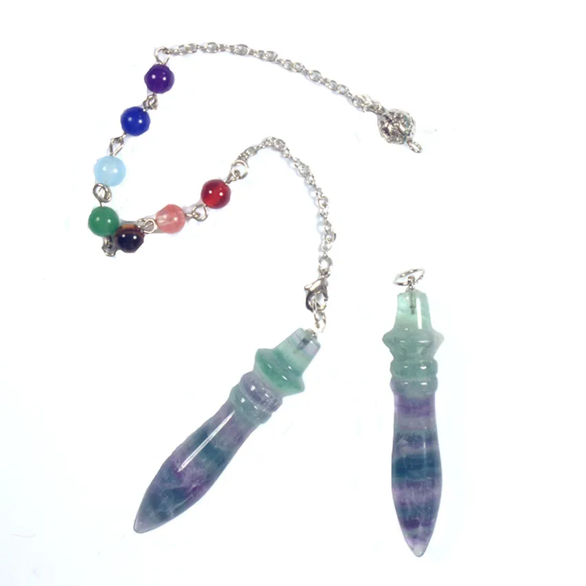 Natural Fluorite 7 Chakra Crystal Stone Pendulums For Healing Quartz Reiki Dowsing Divination Pendulum Pendulo Pendant Jewelry