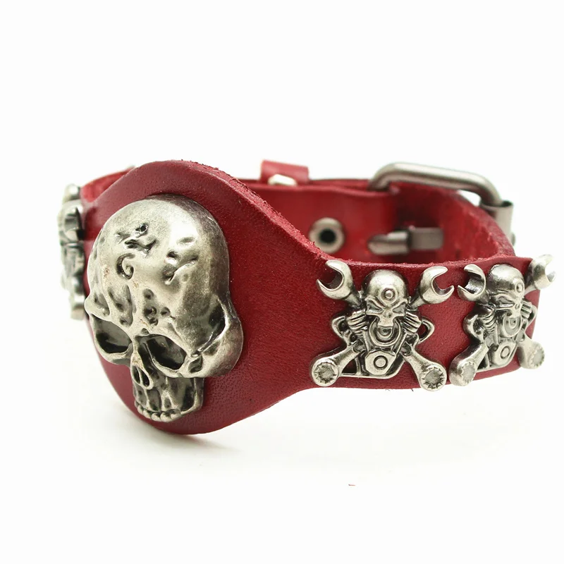 New Arrival Wide Leather Bracelet Retro Cuff Rope Bangles Punk Skull Rivet Men Bracelets Gift image 3