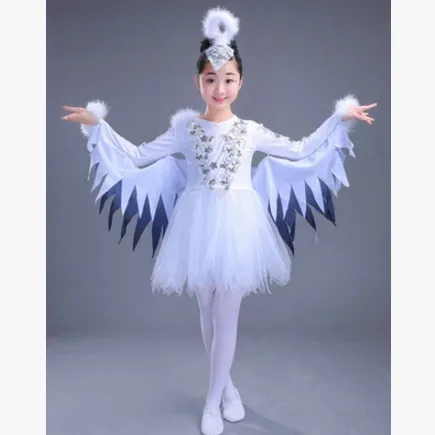 Trajes de dança de pássaros brancos para meninas, fantasias de animais para dança de pássaros, cosplay de jardim de infância, roupas de apresentação