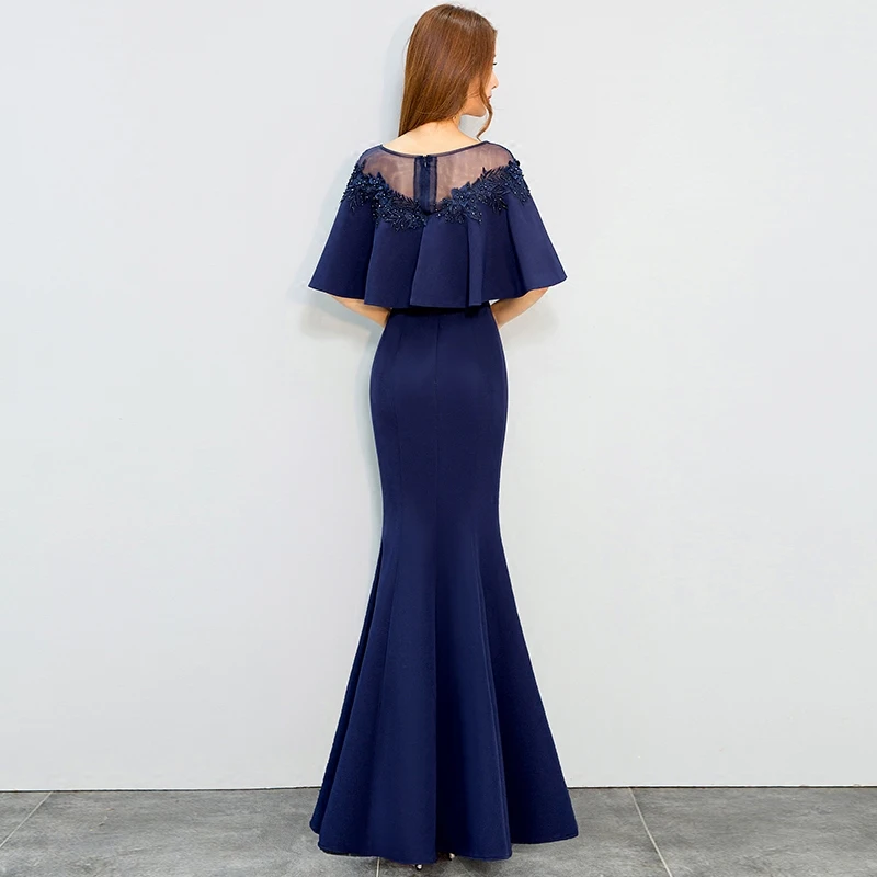 Beauty Emily Navy blue Evening Dress Cloak Cape Drape Tunic Formal Celebrity Elegant Evening Party fishtail Dress Spring