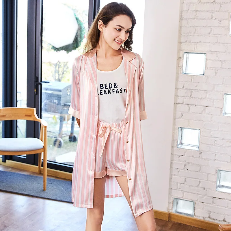 Lady's New Style Five-point Sleeve Nightwear Ice Silk Satin Youth Leisure Nightgown Two-piece Suit Set Summer Homewear J049