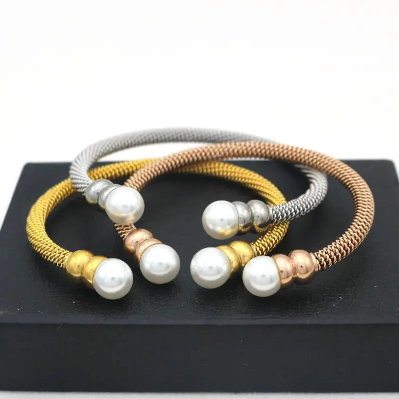 Cute Bear Brand Stainless Steel Mesh Surface Imitation Pearls Bracelets & Bangles Women Luxury Cuff Bracelet Fashion Jewelry