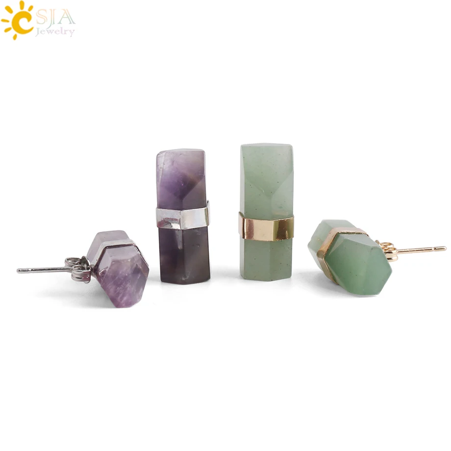 CSJA Natural Stone Stud Earrings Geometric Crystal Pillar Pink Quartz Earring for Women Healing Fashion Ear Jewellery G033