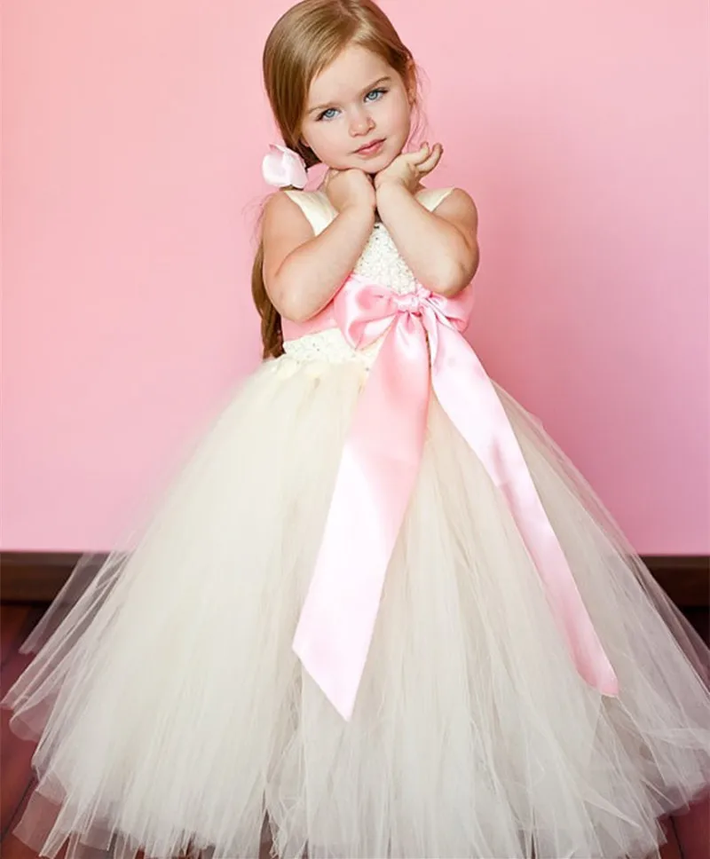 Little Girls Ivory Crochet Tutu Dress Kids Fluffy Tulle Tutus Ball Gown with Pink Ribbon Bow Children Bridal Wedding Party Dress