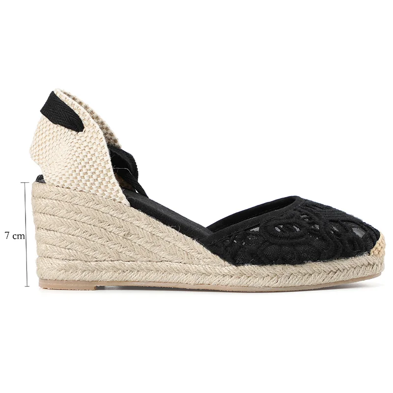 Wedges Shoes Sandals 2021sale Sapato Feminino Elegant Lace Strap Tienda Soludos Floral Crochet Wrap Slingback Espadrille Wedge