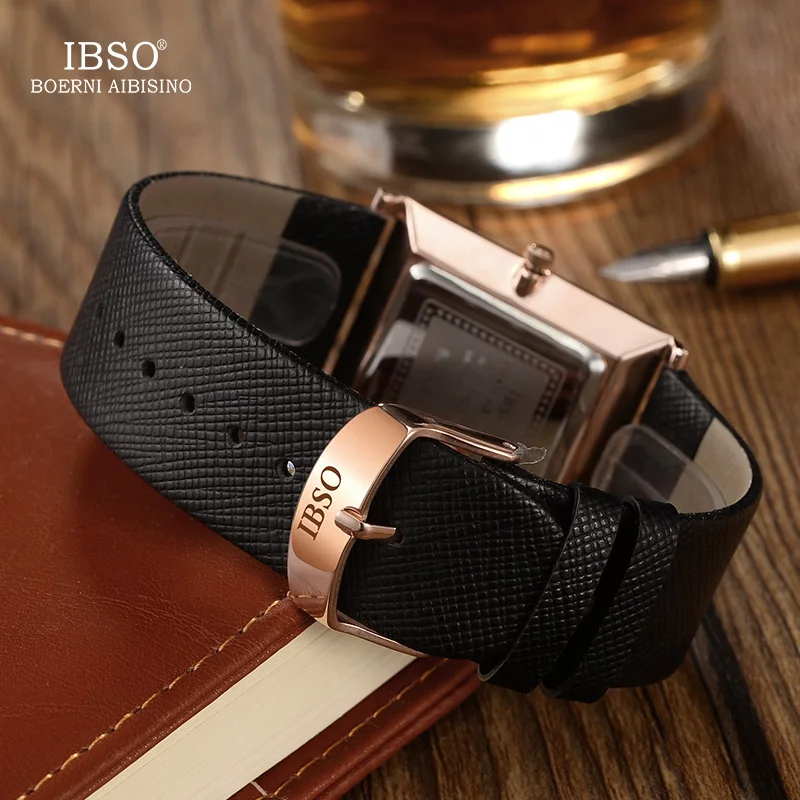 IBSO-Relógio de pulso de quartzo com mostrador retangular masculino, pulseira de couro genuíno, ultra fino, preto, relógios clássicos, 7mm