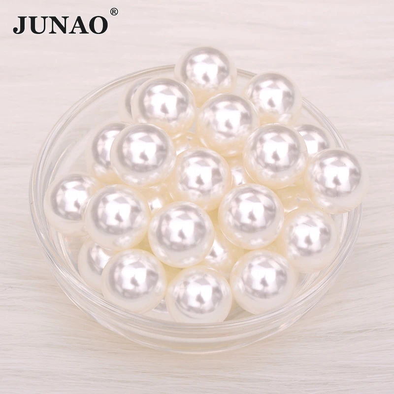 JUNAO 3 6 8 10 12 16 18 20 30mm Ivory White Pearl Beads No Holes Round Crystal Rhinestone Bridal Beads Applique for DIY Clothes