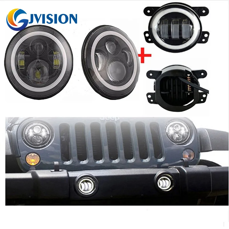 7 Inch LED H4 Halo Headlight Angel Eyes Daytime Running Lights And 4'' 30W Led Foglight Passing Lamp For Jeep Wrangler JK