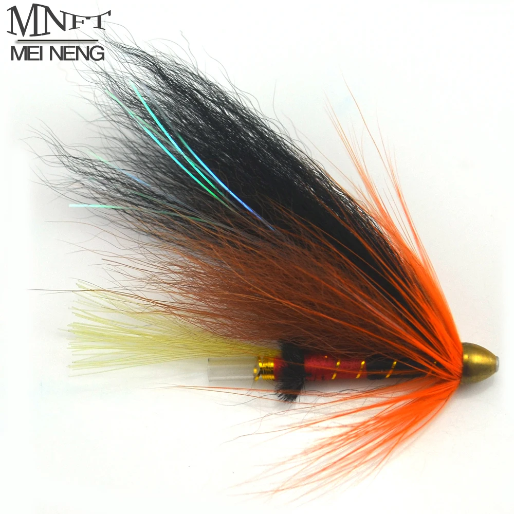 

MNFT 4Pcs/Lot Copper Conehead Plastic Tube Salmon Fishing Flies And Steelhead Fly Lures Black & Orange Color