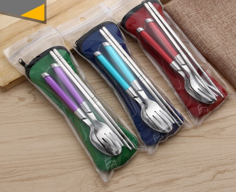 

50sets/lot Fast shipping 3pcs/set Travel Picnic Portable Cutlery Stainless Steel Tableware Fork spoon chopsticks