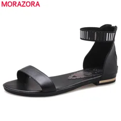 MORAZORA  Big size 34-46 New genuine leather sandals women zipper summer black gold white casual beach flat sandals wholesale