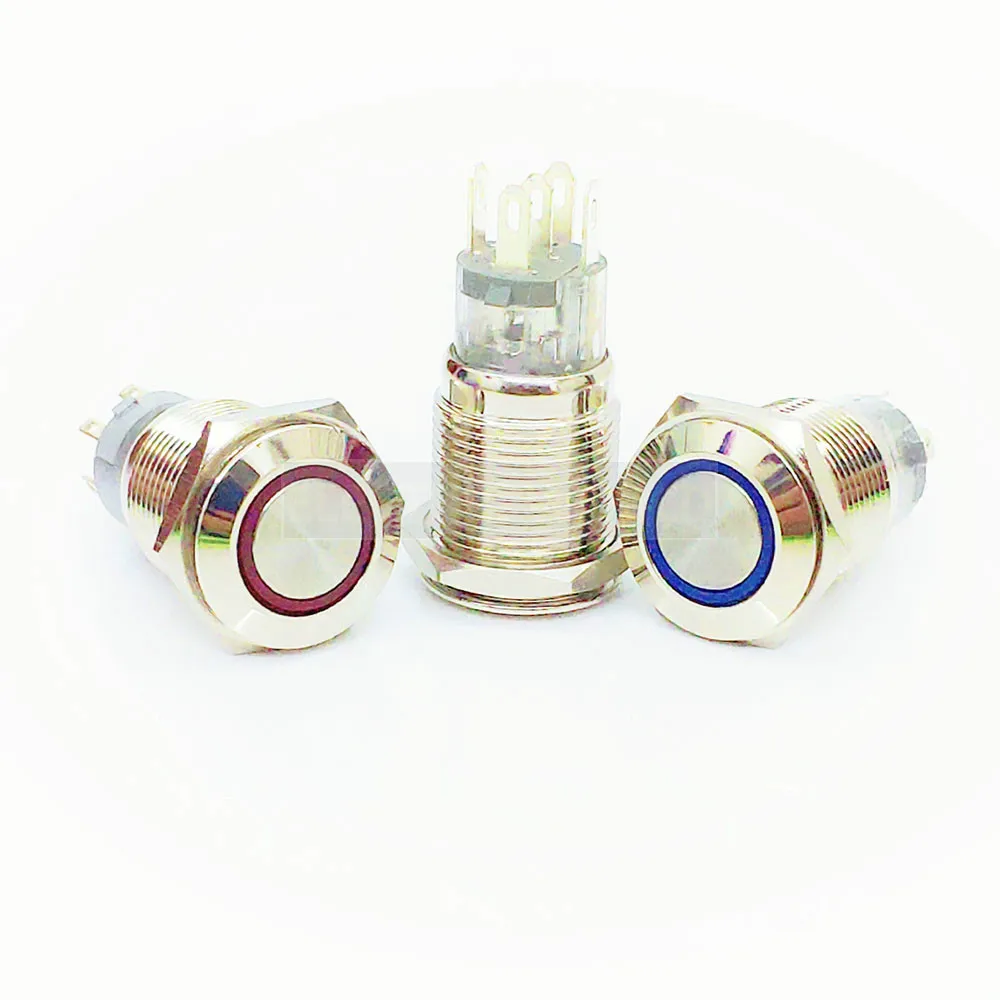 16mm Metal Push Button Latching momentary Waterproof Switch LED light 5V 12V 24V 110V 220V Blue Green Yellow White Button switch