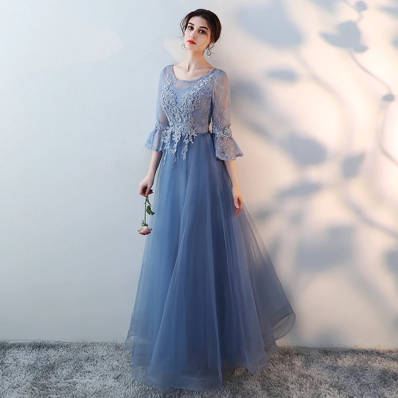 S0100 Nach Maß Schöne Stickerei Spitze Tüll Blau Lange Brautjungfer Kleider Frauen Prom Zeremonie Party Kleid Mädchen Formalen Kleid