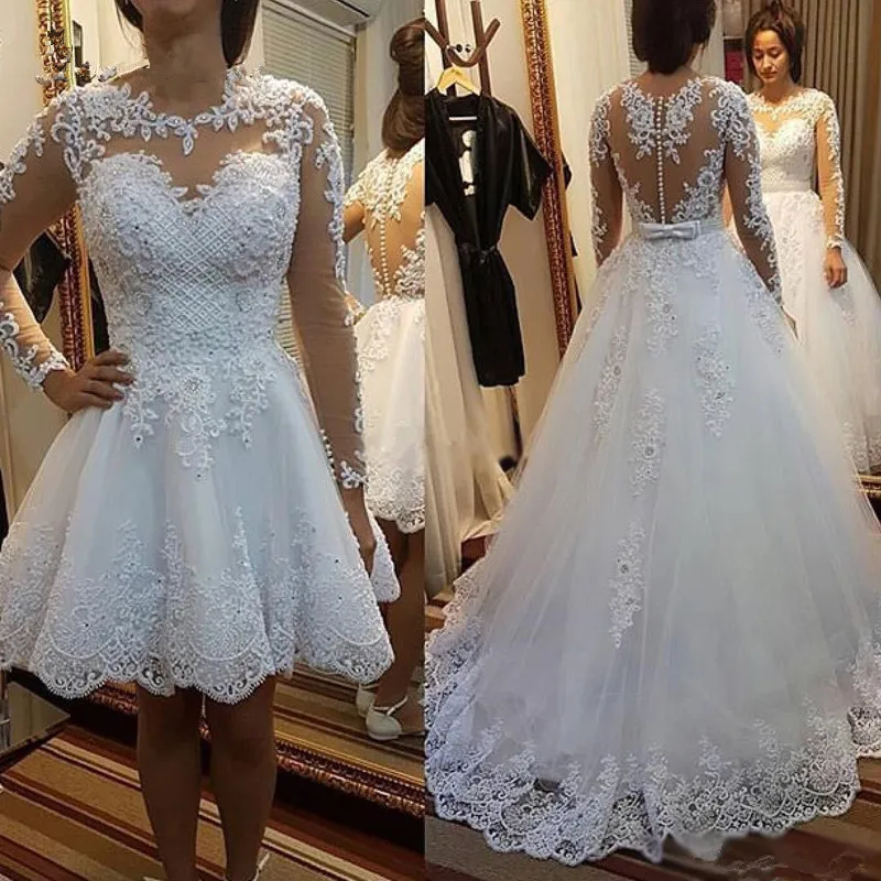 Robes de mariée 2 en 1 avec appliques en dentelle et perles, robes de mariée avec poignées amovibles, patients, quoi que ce soit, 2 en 1