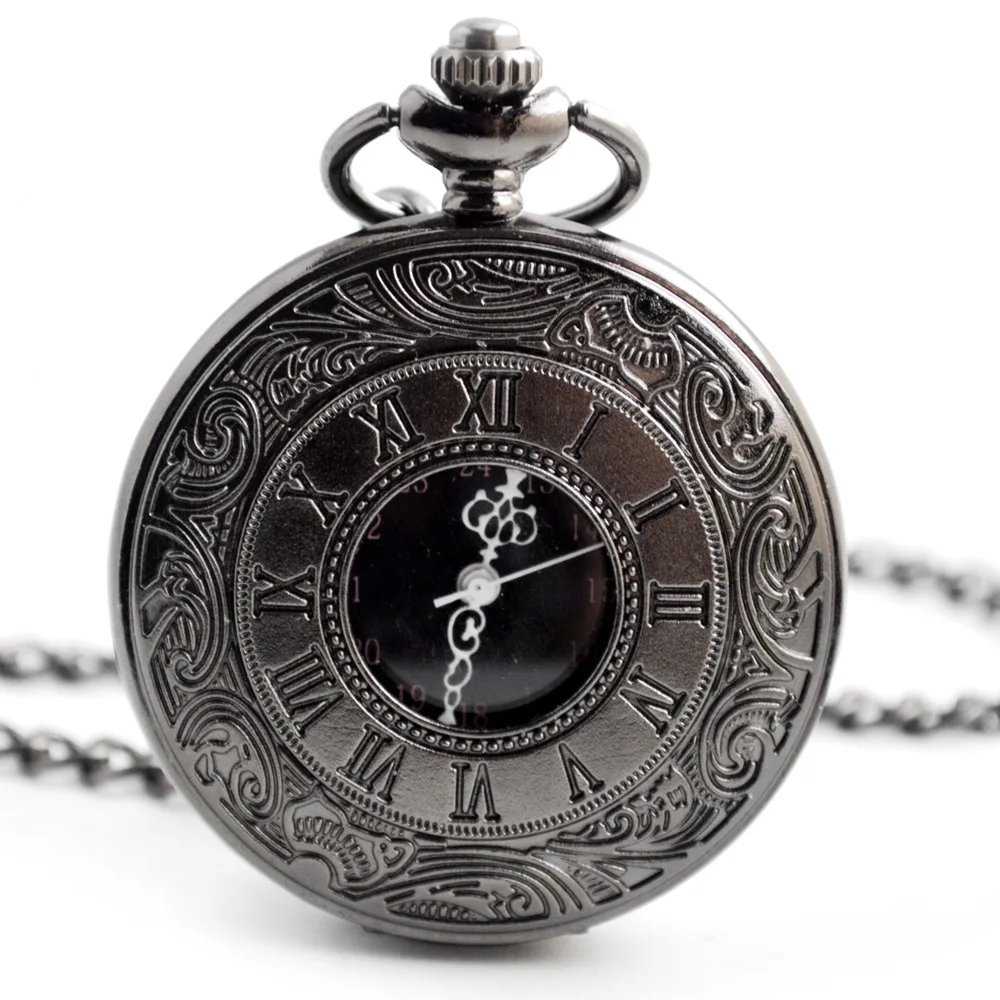 Retro Black Fashion Silver Steampunk Quartz Pocket Watch Stainless Steel Pendant Necklace for Men Women Gifts Unisex Fob Clock