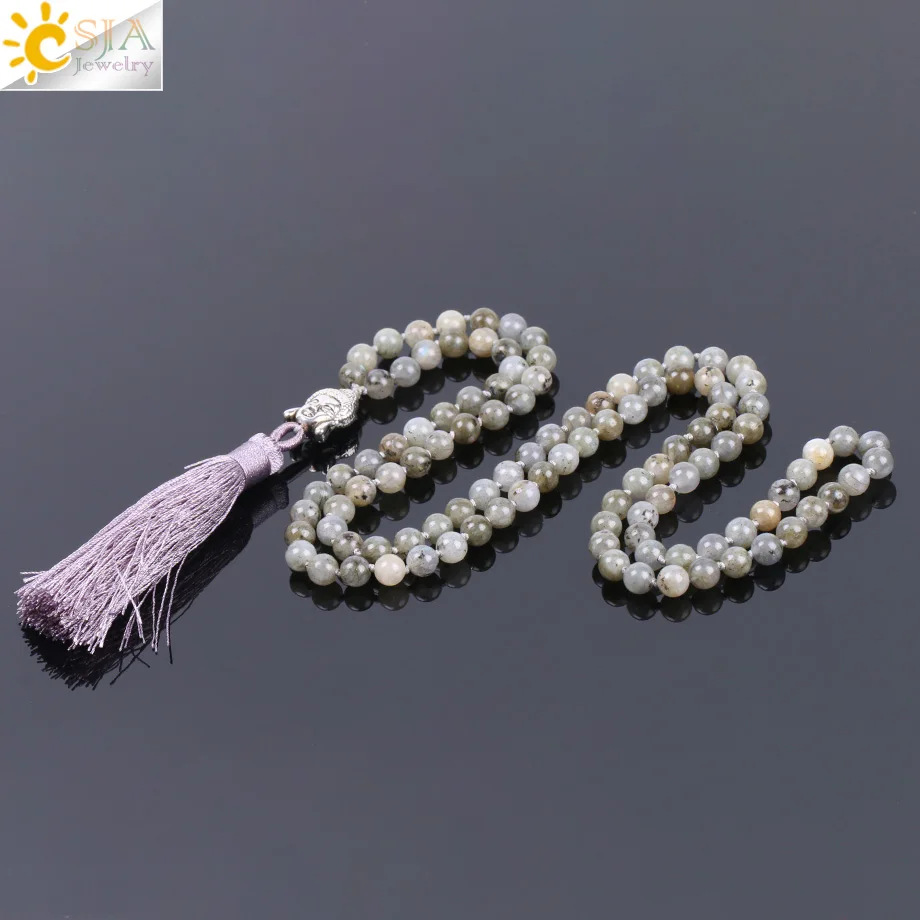 CSJA Boho 6mm Round Stone Beads Labradorite Spectrolite Unisex Necklace 108 Mala Buddha Tassel Necklace Sweater Long Chain F138