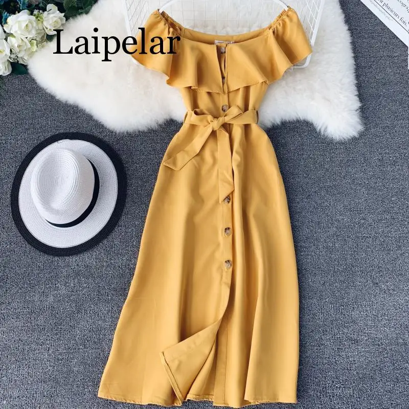 

Laipelar 2019 Fashion Sexy Summer Off Shoulder Bandage Midi Long Dress Women Casual Beach Button Party Evening Elegant