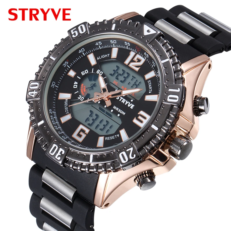 STRYVE S8004 Fashion Resin Strap Quartz Watch Large Dial Dual Display Waterproof Calendar Week Men\'s Sports Watch