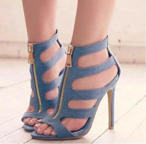 

Summer Cheap High Quality Woman Blue Jeans Peep Toe Cuts Out Zipper Front Thin Heels Casual High Heel Sandals Big Size 43