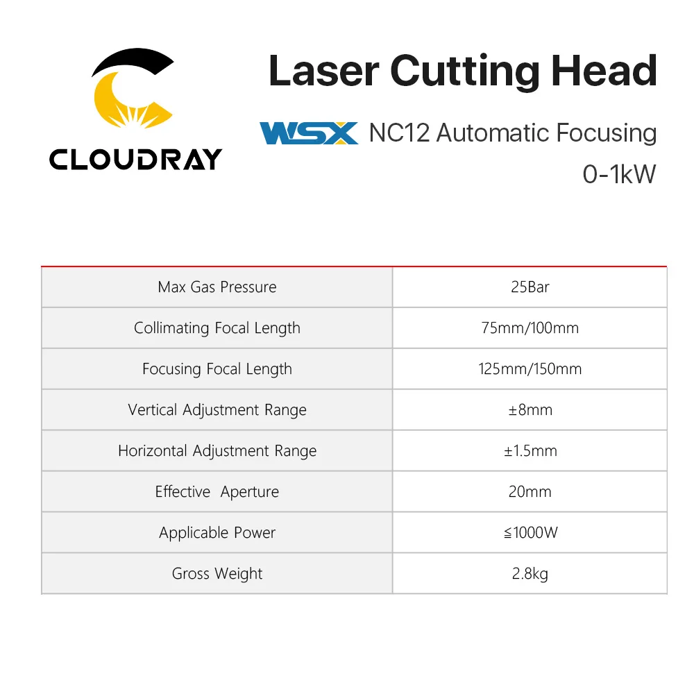 Cloudray WSX 0-1KW Fiber Laser Cutting Head NC12 Automatic Focusing 1000W for Metal Cutting