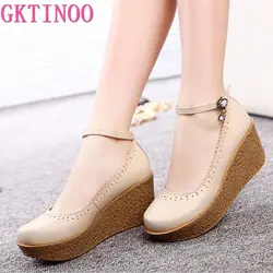 Women's Platform Shoes For Women Genuine Leather Footwear Woman Black Beige Comfort Wedges Breathable Pumps Plus Size 34-42