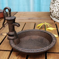 Rustic Water Pump Round Cast Iron Bird Feeder European Home Garden Table Decor Heavy Metal Trinket Storage Plate Candle Holder