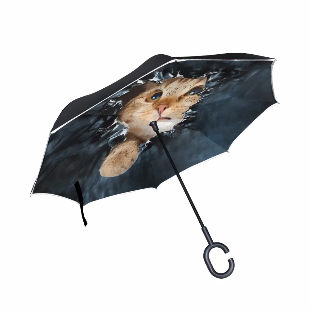 Cute Cat Windproof Reverse Umbrella Long Shank Inverted Double Layer Creative Self Stand Rain Protection Umbrella Drop Shipping